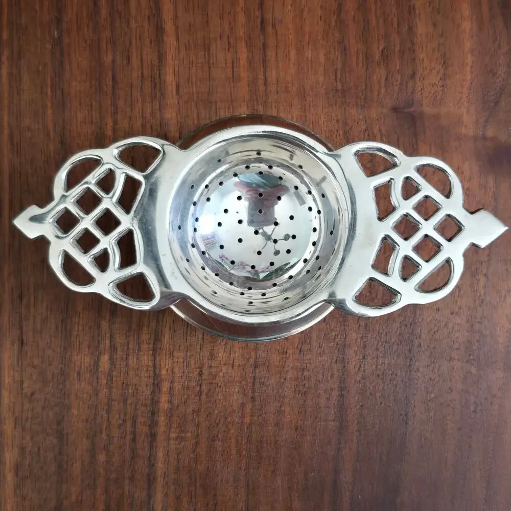 Vintage Silver Plated Tea Strainer Filigree Handles Drip Bowl Victorian Cottage